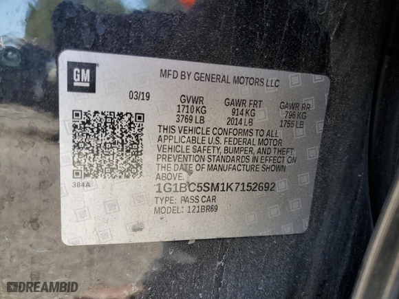 2019 Chevrolet Cruze LS with VIN 1G1BC5SM1K7152692, listed as a Copart auction lot 50574985 with 47,214 mi miles and Clean Title. Bid and sale history available at carsss.com. Image 12.