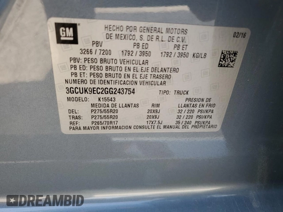 2016 Chevrolet Silverado 1500 with VIN 3GCUK9EC2GG243754, listed as a Copart auction lot 65798744 with 139,207 mi miles and Salvage Title. Bid and sale history available at DreamBid. Image 12.