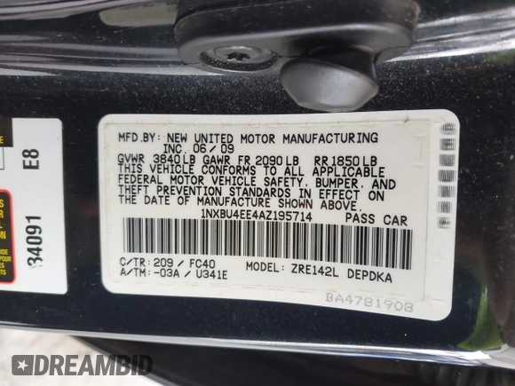 2010 Toyota Corolla with VIN 1NXBU4EE4AZ195714, listed as a IAAI auction lot 42492709 with 158,609 mi miles and . Bid and sale history available at DreamBid. Image 9.