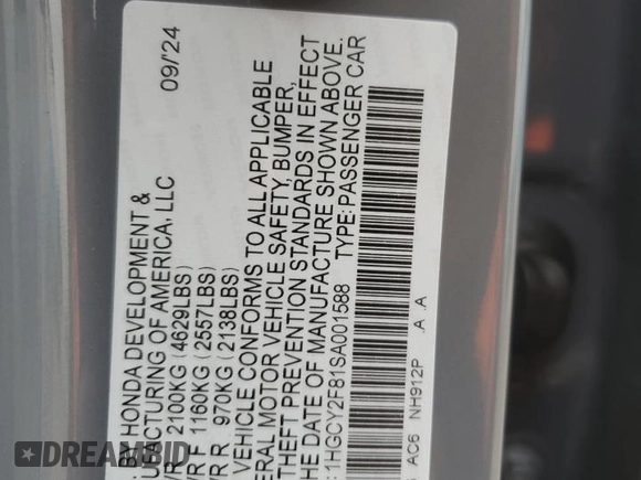 2025 Honda Accord Touring with VIN 1HGCY2F81SA001588, listed as a Copart auction lot 88773825 with 4,899 mi miles and Salvage title. Bid and sale history available at DreamBid. Image 14.