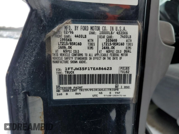 1996 Ford F-350 with VIN 1FTJW35F1TEA86623, listed as a Copart auction lot 42838925 with Not provided miles and Salvage title. Bid and sale history available at DreamBid. Image 12.