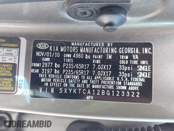 2011 Kia Sorento LX with VIN 5XYKTCA12BG123322, listed as a IAAI auction lot 41931012 with 148,765 mi miles. Bid and sale history available at carsss.com. Image 9.