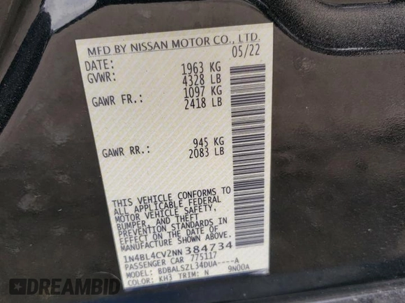 2022 Nissan Altima 2.5 SR with VIN 1N4BL4CV2NN384734, listed as a Copart auction lot 49316655 with 22,970 mi miles and Salvage Title. Bid and sale history available at carsss.com. Image 15.