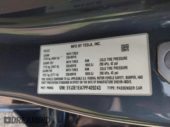 2023 Tesla Model 3 with VIN 5YJ3E1EA7PF409243, listed as a IAAI auction lot 42305360 with Not provided miles and . Bid and sale history available at DreamBid. Image 9.