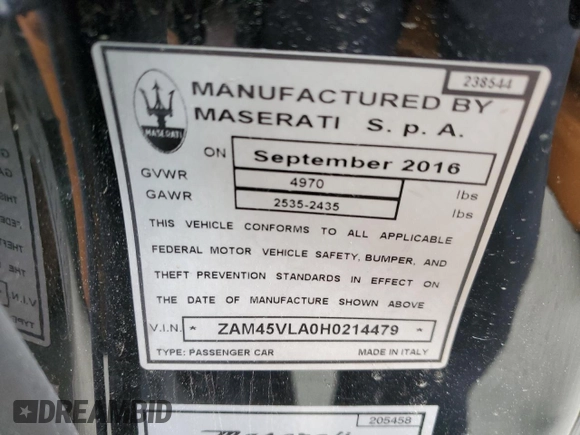 2017 Maserati GranTurismo Sport z VIN ZAM45VLA0H0214479, wystawiony jako Copart lot #54863233 z przebiegiem 63 675 mil mil oraz . Historia ofert i sprzedaży dostępna na DreamBid. Obrazek 13.