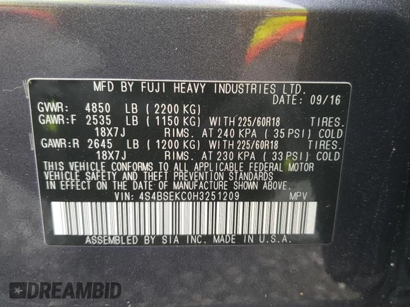 2017 Subaru Outback Limited with VIN 4S4BSEKC0H3251209, listed as a Copart auction lot 61591455 with 62,886 mi miles and Salvage title. Bid and sale history available at DreamBid. Image 13.