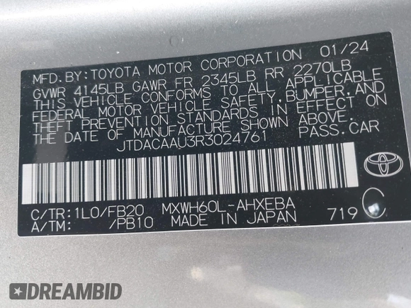 2024 Toyota Prius LE with VIN JTDACAAU3R3024761, listed as a IAAI auction lot 41992059 with 14,119 mi miles and . Bid and sale history available at DreamBid. Image 9.