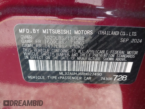 2024 Mitsubishi Mirage ES z VIN ML32AUHJ6RH027490, wystawiony jako IAAI lot #42329588 z przebiegiem 10 236 mil mil oraz . Historia ofert i sprzedaży dostępna na DreamBid. Obrazek 9.