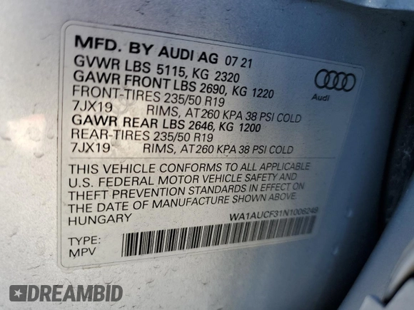 2022 Audi Q3 Premium with VIN WA1AUCF31N1006249, listed as a Copart auction lot 44422395 with 41,862 mi miles and Non Repairable. Bid and sale history available at carsss.com. Image 15.