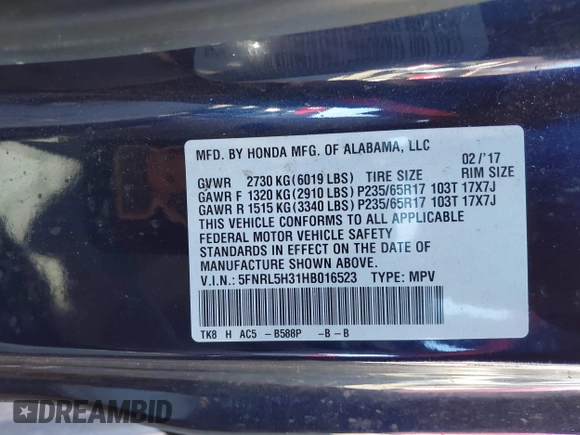 2017 Honda Odyssey SE with VIN 5FNRL5H31HB016523, listed as a IAAI auction lot 40998811 with 62,690 mi miles and . Bid and sale history available at carsss.com. Image 9.