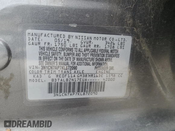 2019 Nissan Versa SV z VIN 3N1CN7AP7KL872090, wystawiony jako Copart lot #53095795 z przebiegiem 88 987 mil mil oraz Szkoda całkowita • Salvage title. Historia ofert i sprzedaży dostępna na DreamBid. Obrazek 13.
