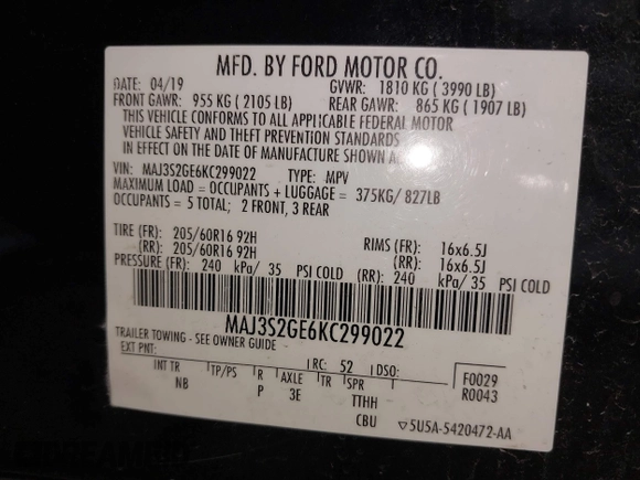2019 Ford EcoSport SE with VIN MAJ3S2GE6KC299022, listed as a IAAI auction lot 41195650 with 77,949 mi miles and . Bid and sale history available at DreamBid. Image 9.