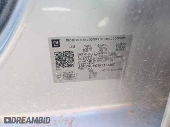 2019 Chevrolet Silverado 1500 LT with VIN 2GCVKPEC4K1153290, listed as a IAAI auction lot 42087001 with 181,488 mi miles and . Bid and sale history available at DreamBid. Image 8.