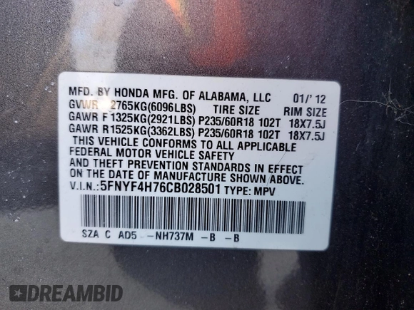 2012 Honda Pilot EX-L with VIN 5FNYF4H76CB028501, listed as a Copart auction lot 47293785 with 286,061 mi miles and Salvage Title. Bid and sale history available at DreamBid. Image 13.