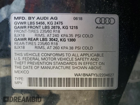 2018 Audi Q5 Premium Plus z VIN WA1BNAFY3J2204627, wystawiony jako Copart lot #58425375 z przebiegiem Nie podano mil oraz Czysty tytuł • Clean title. Historia ofert i sprzedaży dostępna na DreamBid. Obrazek 12.