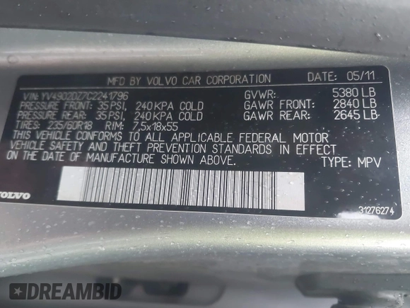 2012 Volvo XC60 3.0L with VIN YV4902DZ7C2241796, listed as a IAAI auction lot 42223322 with 185,520 mi miles and . Bid and sale history available at DreamBid. Image 9.