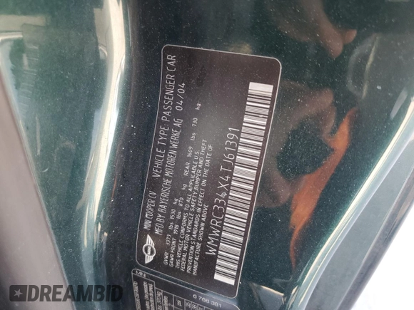2004 MINI Hardtop with VIN WMWRC334X4TJ61391, listed as a Copart auction lot 53735615 with 103,974 mi miles and Salvage Title. Bid and sale history available at DreamBid. Image 12.