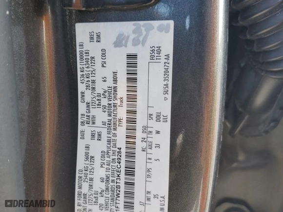 2019 Ford Super Duty F-250 SRW XL with VIN 1FT7W2BT3KEC49284, listed as a Copart auction lot 44238785 with 0 mi miles and Non Repairable. Bid and sale history available at carsss.com. Image 12.