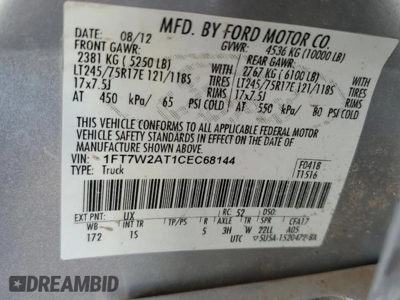 2012 Ford F-250 XL with VIN 1FT7W2AT1CEC68144, listed as a Copart auction lot 88316835 with 240,280 mi miles and Salvage title. Bid and sale history available at DreamBid. Image 14.