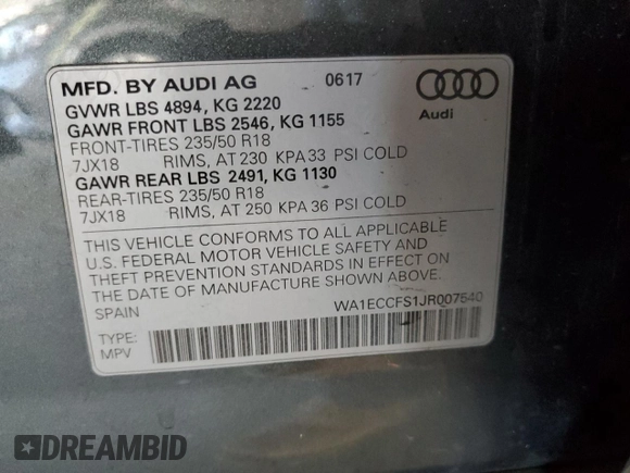 2018 Audi Q3 Premium with VIN WA1ECCFS1JR007540, listed as a Copart auction lot 62449775 with 118,766 mi miles and Salvage title. Bid and sale history available at DreamBid. Image 13.