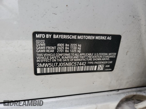 2022 BMW 3 Series M340i with VIN 3MW5U7J05N8C57442, listed as a Copart auction lot 47429075 with 50,798 mi miles and Salvage Title. Bid and sale history available at carsss.com. Image 14.