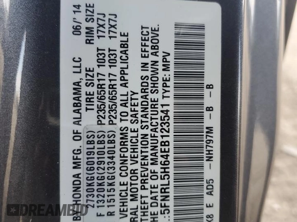 2014 Honda Odyssey EX-L with VIN 5FNRL5H64EB123541, listed as a Copart auction lot 52483705 with 77,996 mi miles and Salvage Title. Bid and sale history available at DreamBid. Image 13.