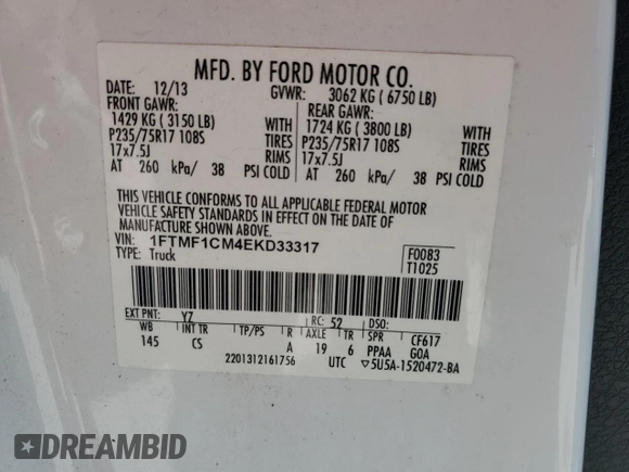 2014 Ford F-150 XL with VIN 1FTMF1CM4EKD33317, listed as a Copart auction lot 50059765 with 188,709 mi miles and Salvage title. Bid and sale history available at DreamBid. Image 13.