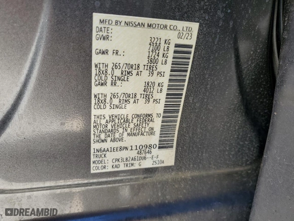 2023 Nissan Titan SV with VIN 1N6AA1EE8PN110980, listed as a Copart auction lot 84407054 with 18136 miles and Non Repairable. Bid and sale history available at carsss.com. Image 13.