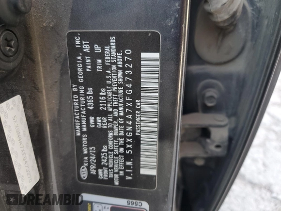 2015 Kia Optima EX with VIN 5XXGN4A7XFG473270, listed as a Copart auction lot 45860684 with 127,419 mi miles and Salvage Title. Bid and sale history available at DreamBid. Image 13.