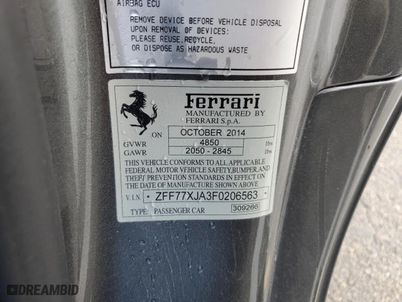2015 Ferrari California T with VIN ZFF77XJA3F0206563, listed as a Copart auction lot 73751534 with NaN miles and Salvage Title. Bid and sale history available at carsss.com. Image 12.