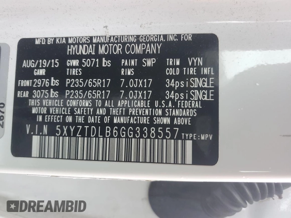 2016 Hyundai Santa Fe z VIN 5XYZTDLB6GG338557, wystawiony jako Copart lot #57899185 z przebiegiem 91 702 mil mil oraz Czysty tytuł • Clean title. Historia ofert i sprzedaży dostępna na DreamBid. Obrazek 12.