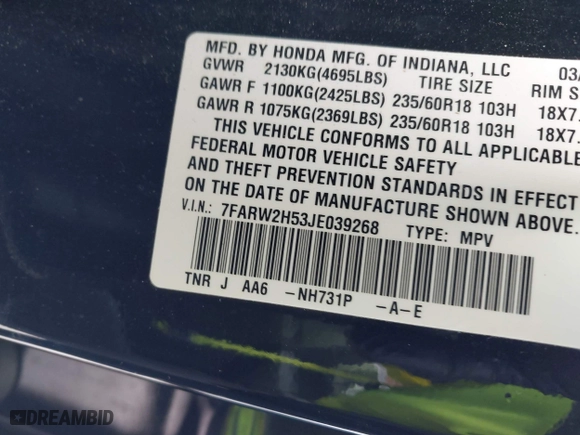 2018 Honda CR-V EX with VIN 7FARW2H53JE039268, listed as a IAAI auction lot 41922919 with 82,601 mi miles. Bid and sale history available at carsss.com. Image 9.