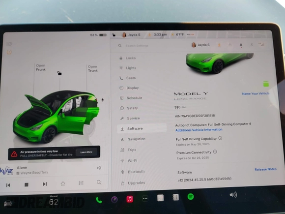 2025 Tesla Model Y Long Range with VIN 7SAYGDED5SF281818, listed as a IAAI auction lot 41302611 with 395 mi miles and . Bid and sale history available at DreamBid. Image 7.
