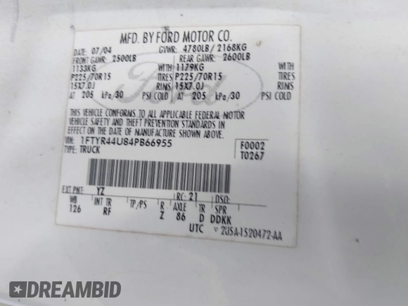 2004 Ford Ranger XL Fleet with VIN 1FTYR44U84PB66955, listed as a IAAI auction lot 41685145 with 291,400 mi miles and . Bid and sale history available at DreamBid. Image 9.