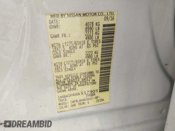 2016 Nissan Titan Platinum Reserve with VIN 1N6BA1F4XGN517905, listed as a IAAI auction lot 42676671 with 110,004 mi miles and . Bid and sale history available at DreamBid. Image 9.