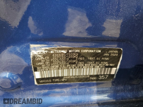 2020 Mitsubishi Outlander SE with VIN JA4AP4AU4LU026228, listed as a Copart auction lot 58708445 with 107,957 mi miles and Salvage title. Bid and sale history available at DreamBid. Image 13.