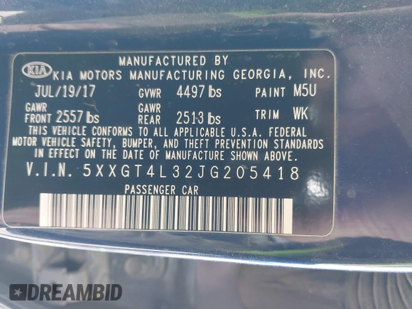 2018 Kia Optima LX z VIN 5XXGT4L32JG205418, wystawiony jako IAAI lot #42062997 z przebiegiem 103 126 mil mil oraz . Historia ofert i sprzedaży dostępna na DreamBid. Obrazek 9.