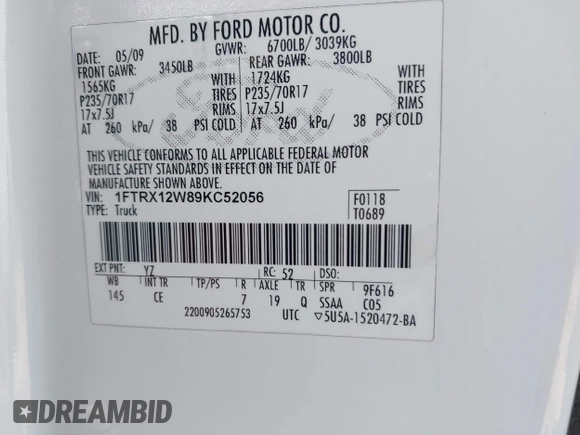 2009 Ford F-150 STX with VIN 1FTRX12W89KC52056, listed as a IAAI auction lot 41982659 with 318,539 mi miles. Bid and sale history available at carsss.com. Image 9.