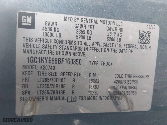 2011 Chevrolet Silverado 2500HD LTZ with VIN 1GC1KYE88BF160350, listed as a IAAI auction lot 41741645 with 1 mi miles. Bid and sale history available at carsss.com. Image 9.