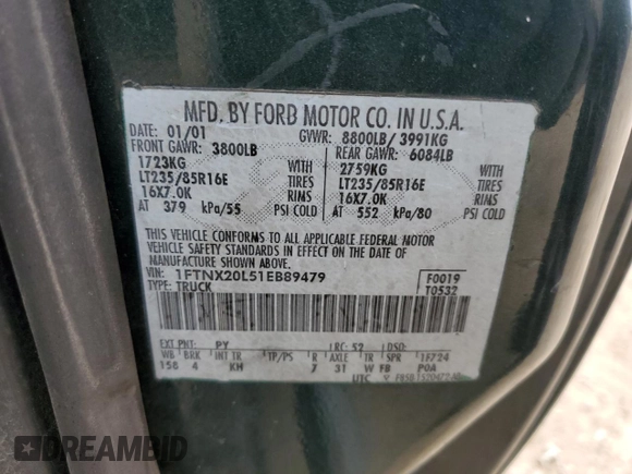 2001 Ford Super Duty F-250 XL with VIN 1FTNX20L51EB89479, listed as a Copart auction lot 44643285 with 219,690 mi miles and Salvage Title. Bid and sale history available at carsss.com. Image 13.