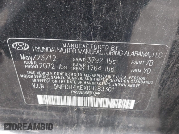 2013 Hyundai Elantra GLS with VIN 5NPDH4AEXDH183301, listed as a IAAI auction lot 42449779 with 223,968 mi miles and . Bid and sale history available at DreamBid. Image 9.