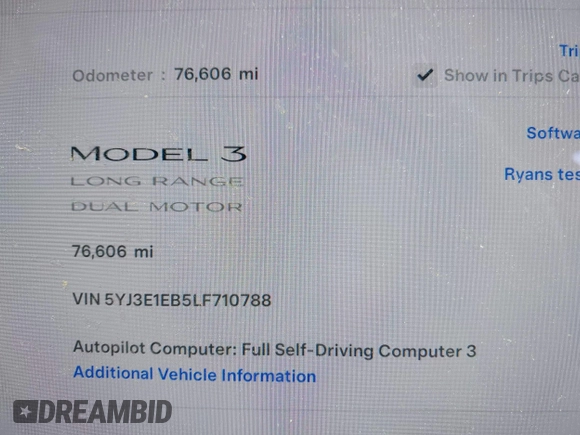 2020 Tesla Model 3 Long Range z VIN 5YJ3E1EB5LF710788, wystawiony jako IAAI lot #42020503 z przebiegiem 76 606 mil mil oraz . Historia ofert i sprzedaży dostępna na DreamBid. Obrazek 15.