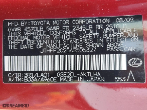 2010 Lexus IS 250C with VIN JTHFF2C25A2505327, listed as a Copart auction lot 78526084 with 134,294 mi miles and Salvage Title. Bid and sale history available at carsss.com. Image 12.