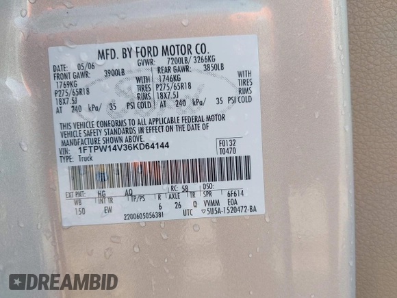 2006 Ford F-150 XLT с VIN 1FTPW14V36KD64144, выставлен на аукционе IAAI как лот 42520136 с пробегом 150 008 миль миль и . История ставок и продаж доступна на DreamBid. Изображение 9.