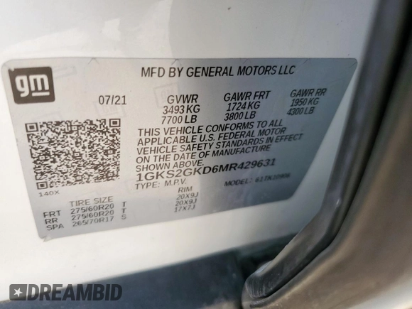 2021 GMC Yukon XL SLT with VIN 1GKS2GKD6MR429631, listed as a Copart auction lot 61150855 with 51,560 mi miles and Salvage title. Bid and sale history available at DreamBid. Image 13.