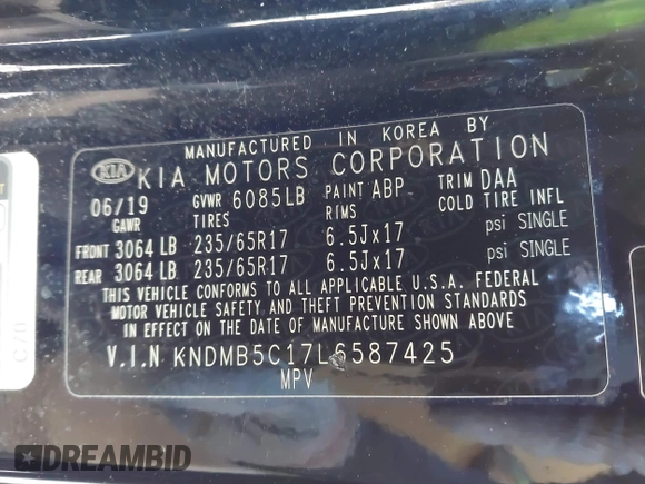 2020 Kia Sedona EX with VIN KNDMB5C17L6587425, listed as a IAAI auction lot 40998825 with 57,503 mi miles. Bid and sale history available at carsss.com. Image 9.