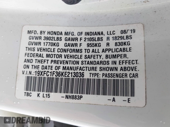 2019 Honda Civic Sedan EX with VIN 19XFC1F36KE213036, listed as a IAAI auction lot 41817643 with 83,332 mi miles. Bid and sale history available at carsss.com. Image 9.