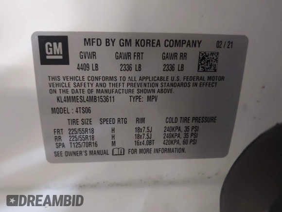 2021 Buick Encore GX Select с VIN KL4MMESL4MB153611, выставлен на аукционе IAAI как лот 41487117 с пробегом 92 881 миль миль и . История ставок и продаж доступна на DreamBid. Изображение 9.