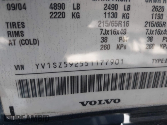 2005 Volvo XC70 with VIN YV1SZ592551177901, listed as a IAAI auction lot 42053579 with 172,543 mi miles and . Bid and sale history available at DreamBid. Image 9.