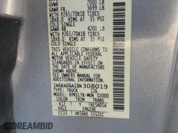 2008 Nissan Titan XE z VIN 1N6BA06A18N308019, wystawiony jako Copart lot #86018254 z przebiegiem Nie podano mil oraz Szkoda całkowita • Salvage title. Historia ofert i sprzedaży dostępna na DreamBid. Obrazek 13.
